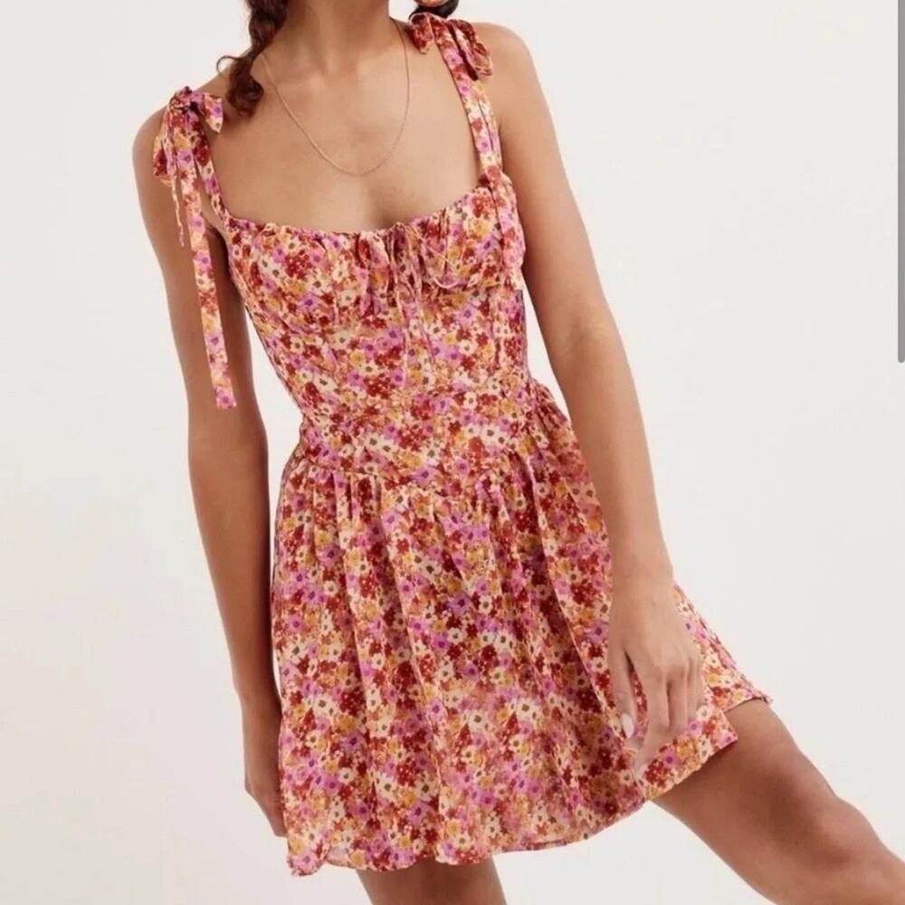 For Love & Lemons Felicia Floral Corset Mini Dress Pink Yellow XS $225